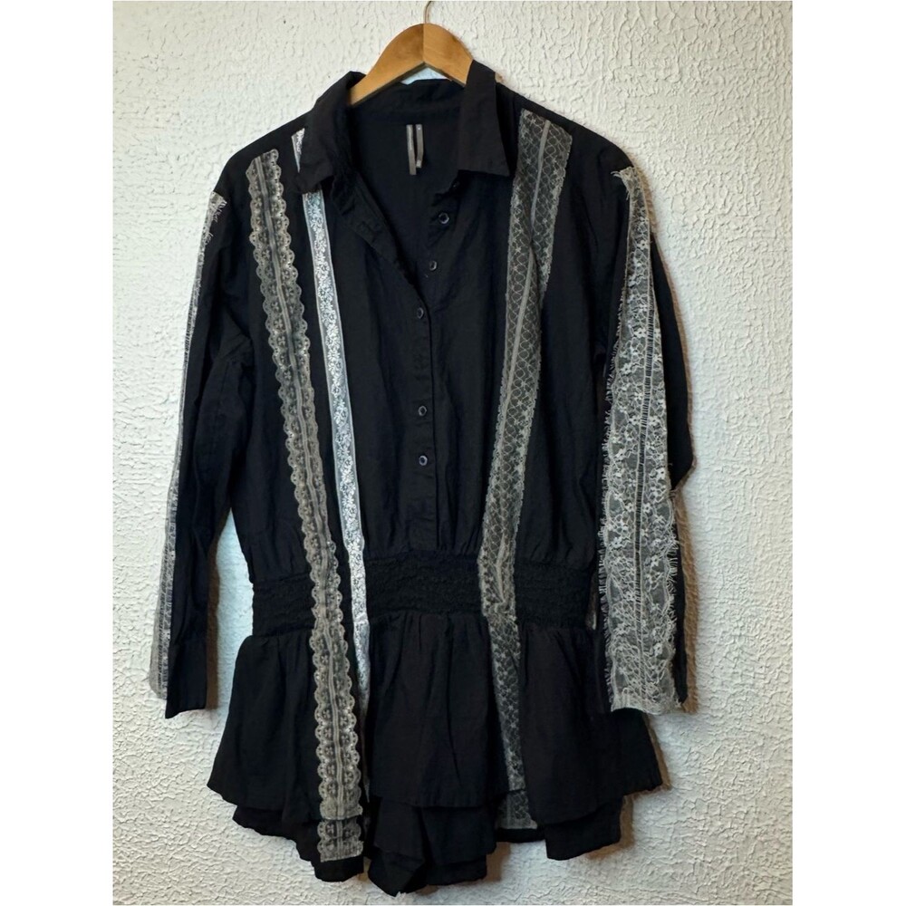 Anthropologie Black Poplin Lace-Trim Skirty Smock Waist Romper